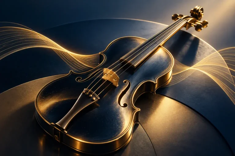 Abstract executive illustration of a violin symbolizing the balance between organizational performance, stakeholder relationships, collaboration and sustainable leadership effectiveness.