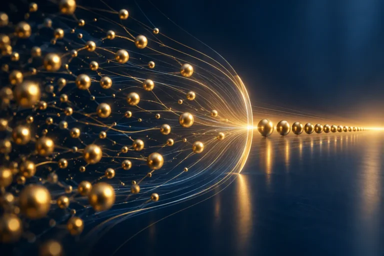 Abstract illustration showing scattered particles aligning into coherent patterns through an invisible force, representing influence, collaboration and organizational alignment.