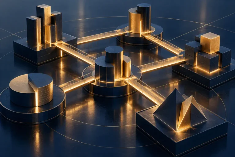 Independent architectural structures connected by illuminated bridges, symbolizing influence and collaboration across cross-functional teams.