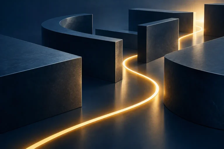 Minimalist golden path flowing through abstract navy geometric structures, symbolizing influence skills, clarity, adaptability, and navigating difficult conversations effectively.