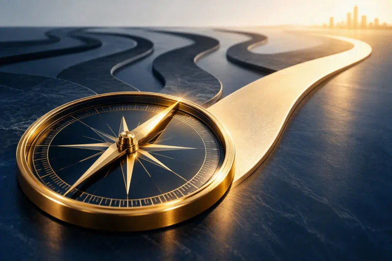 Conceptual illustration using a compass and pathways to represent understanding the true meaning of influence in the workplace.