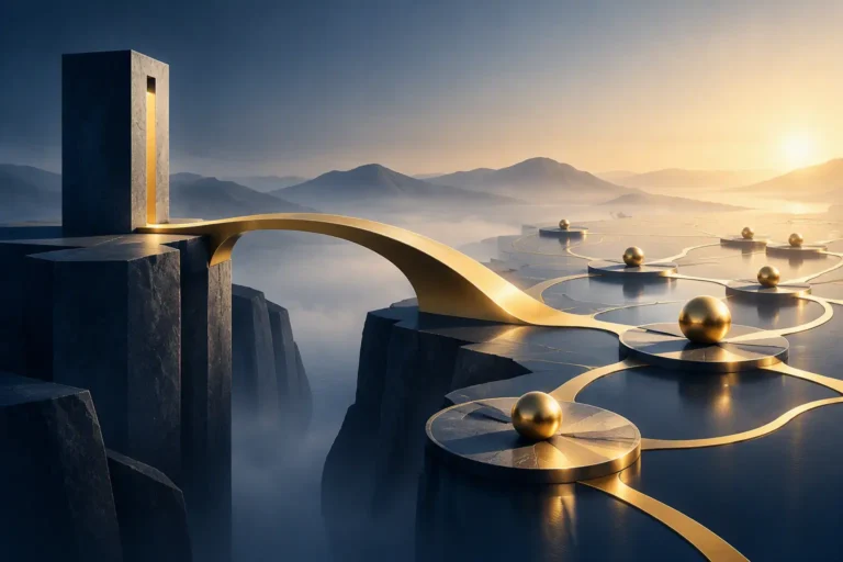 Abstract illustration showing the transition from authority-based leadership to influence-based leadership through a golden bridge connecting an isolated structure to an interconnected network.