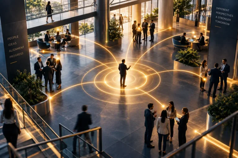 Professional initiating a ripple effect across a modern organization, symbolizing influence capability, stakeholder engagement, and successful organizational change.