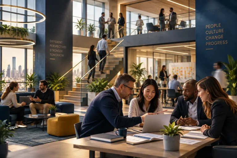 Professionals collaborating across a modern workplace connected by shared interactions and communication, symbolizing trust, adaptability, engagement, and a culture that supports organizational change.