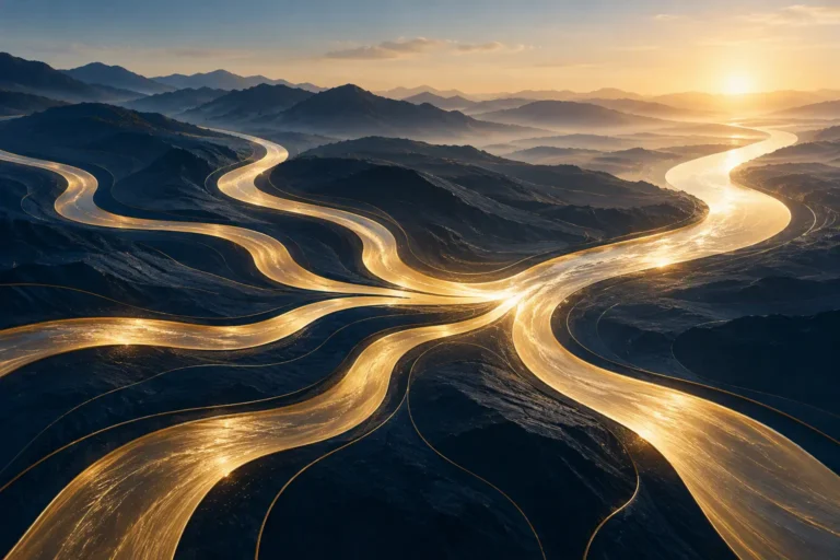 Abstract illustration showing multiple rivers converging into a single flow, representing cross-functional collaboration, communication and shared organizational goals. ``