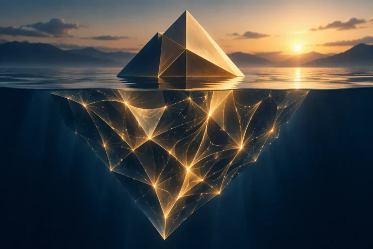 Golden geometric structure floating above the surface with a complex illuminated layer beneath, symbolizing emotional intelligence, self-awareness, empathy, and the hidden dynamics of difficult conversations.