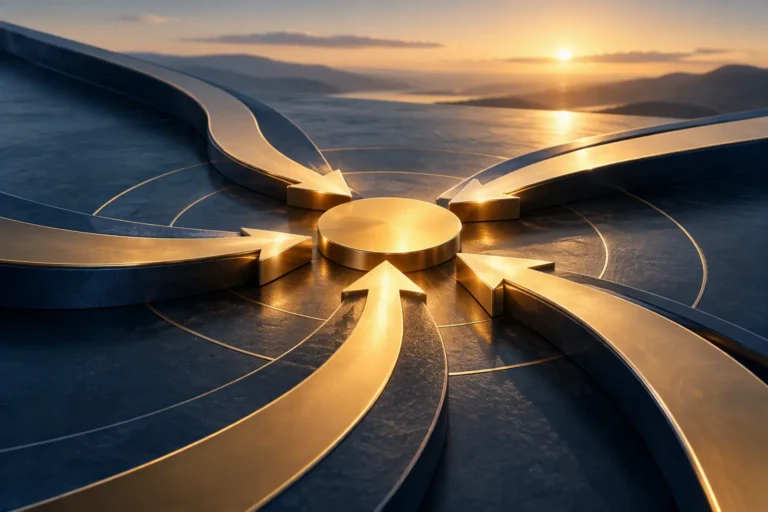 Multiple golden pathways converging into a unified route, symbolizing stakeholder alignment, shared commitment, and collaboration across competing priorities.