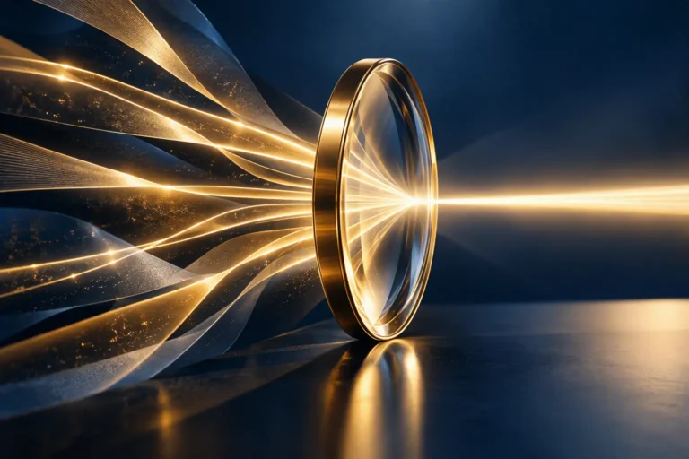 Abstract illustration showing multiple beams of light focused into a single clear direction, representing communication clarity, team alignment and high performance.