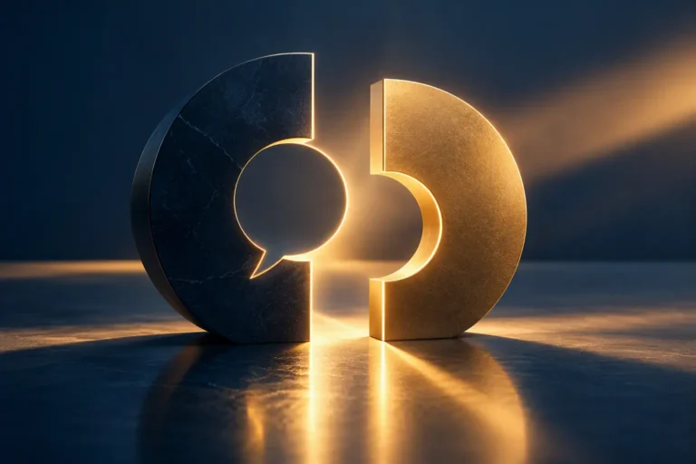 Two complementary geometric forms separated by a small space and illuminated by warm golden light, symbolizing constructive feedback, mutual understanding, trust, and relationship preservation during difficult conversations.