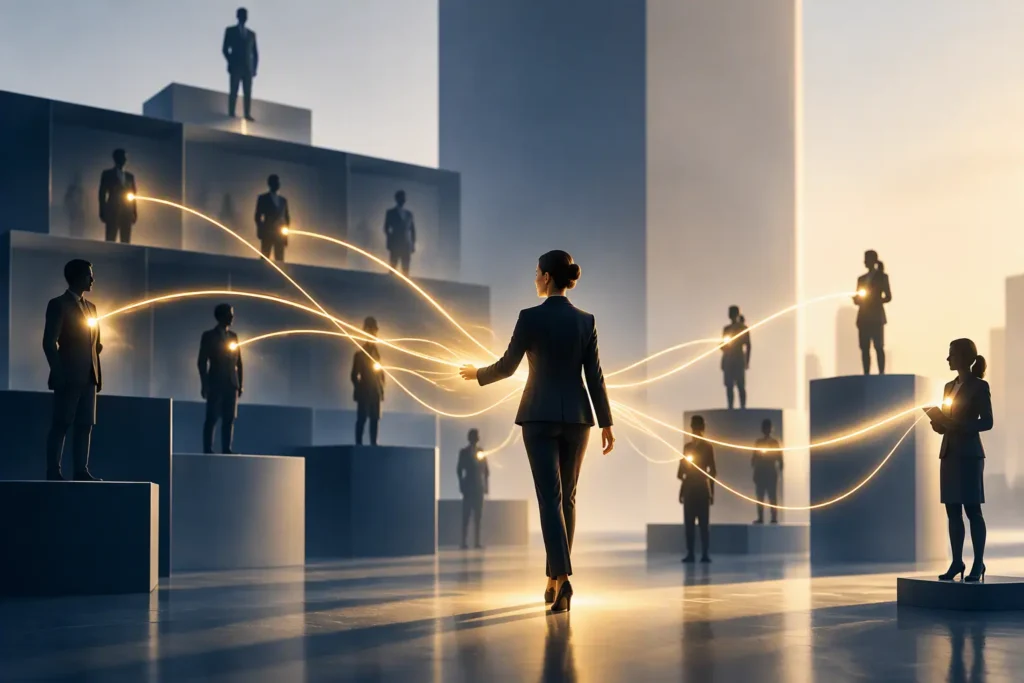 Conceptual illustration showing influence extending beyond formal hierarchy through trust, collaboration and stakeholder relationships.