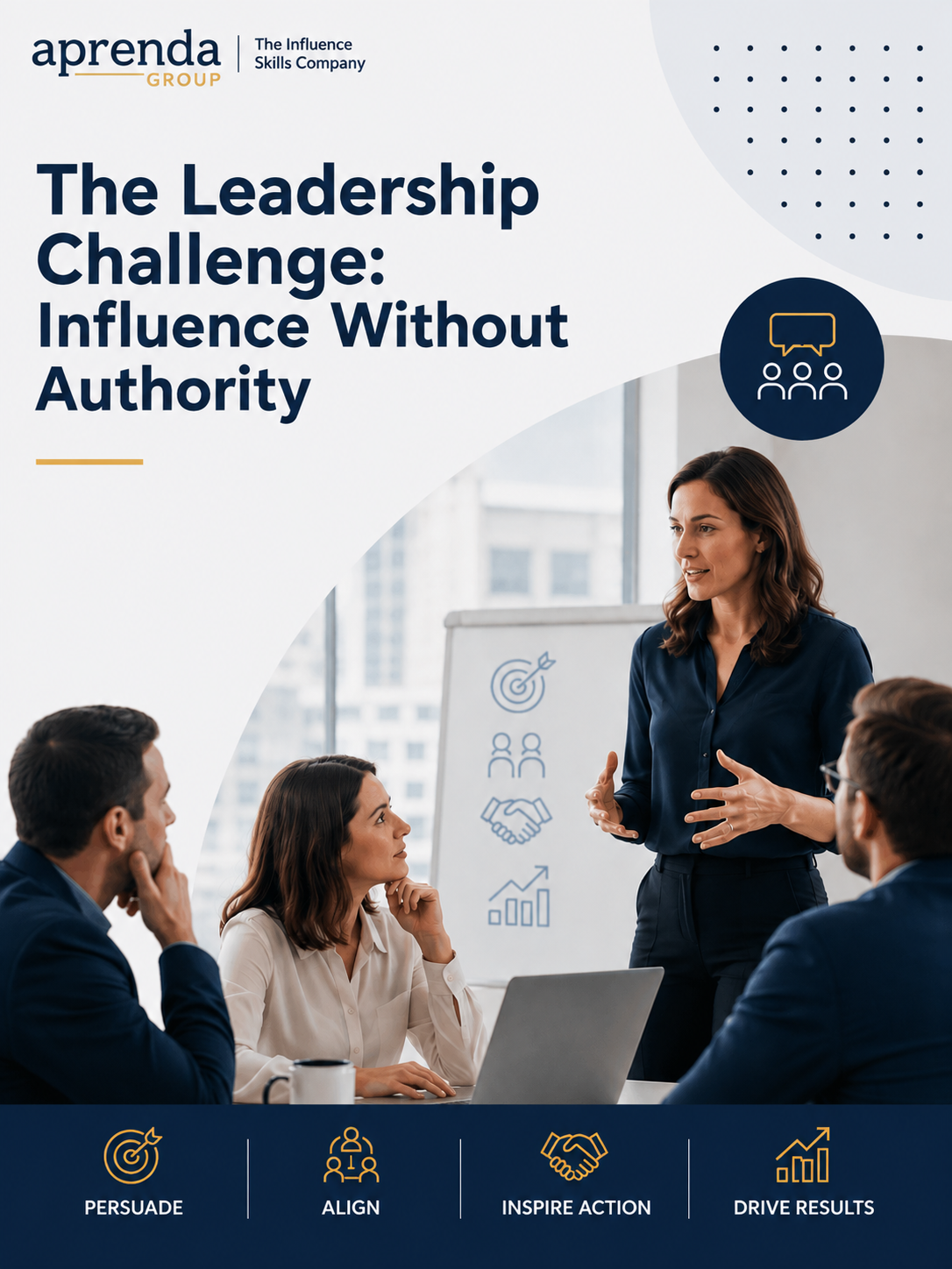 Business professionals collaborating in an influence skills training session focused on stakeholder alignment, persuasive communication, and achieving results without formal authority.