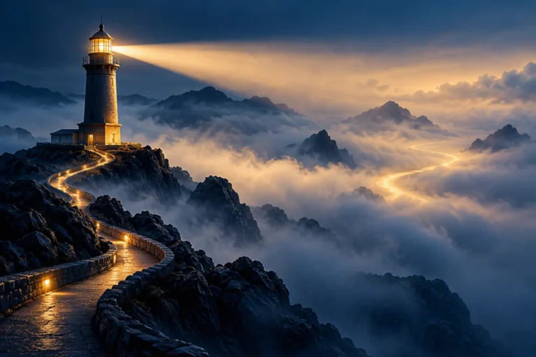 Conceptual illustration of a lighthouse guiding a path through fog, representing leadership, trust and confidence during uncertainty.