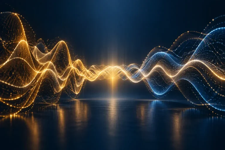 Two luminous wave patterns converging into a unified flow, symbolizing conflict resolution, collaboration, and alignment between teams.