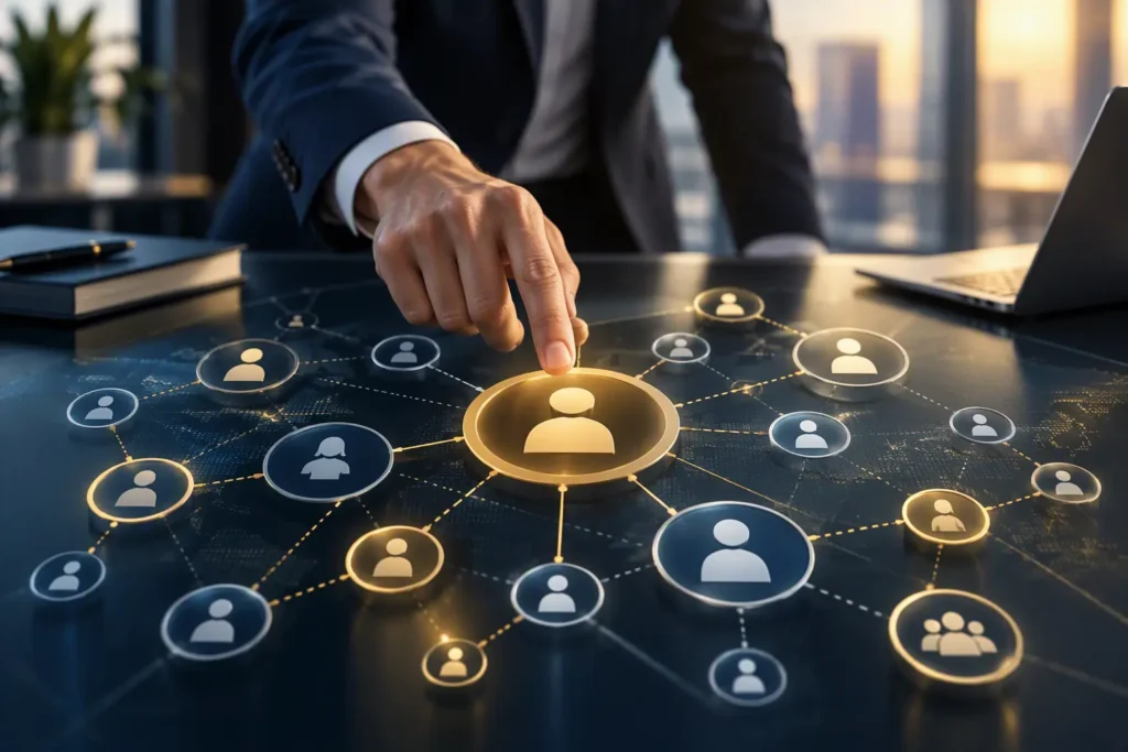 Stakeholder mapping visualization showing relationships, influence levels and stakeholder connections across an organization.