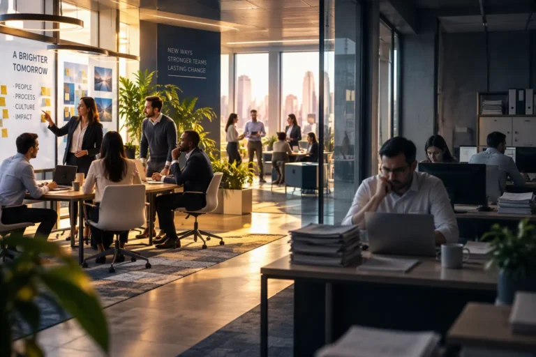 Modern workplace showing engaged teams embracing new ways of working while other employees remain disconnected, symbolizing the gap between implementation and change adoption.