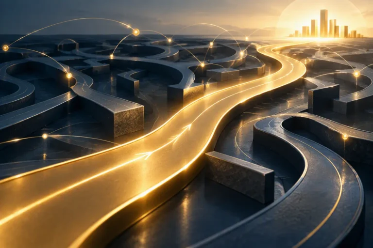 Golden pathway moving efficiently through a complex organizational network, symbolizing influence, stakeholder alignment, trust, and faster decision-making without formal authority.