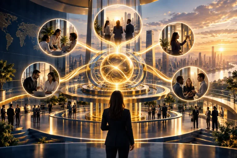 Professionals connected through a central organizational influence engine, symbolizing how the Positive Power and Influence Model transforms leadership, collaboration, and stakeholder engagement into business results. ``