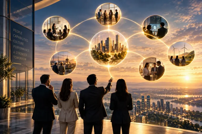 Interconnected centers of leadership, innovation, collaboration, and workforce capability connected to a central organizational hub, symbolizing how investment in people drives long-term business performance.