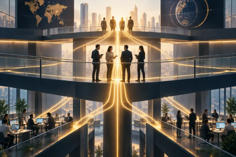 Middle managers connecting organizational strategy and execution through collaboration and communication across multiple levels of a business during organizational change.