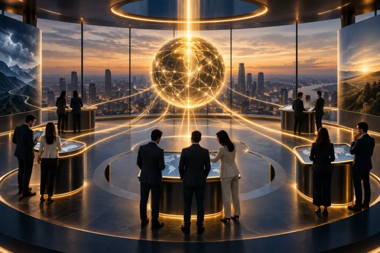 Executive stakeholders gathered around a central illuminated sphere where multiple strategic perspectives converge, symbolizing alignment, trust, shared ownership, and successful organizational change.