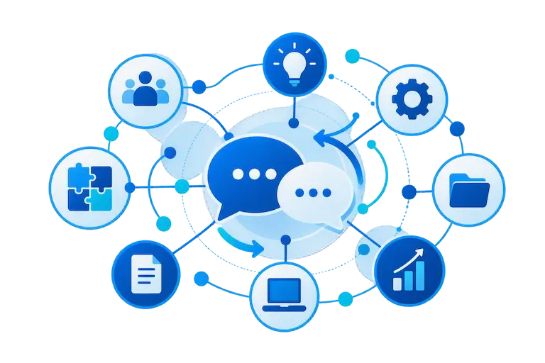 Communication and collaboration framework showing connected business functions, information sharing, teamwork, and organizational alignment.