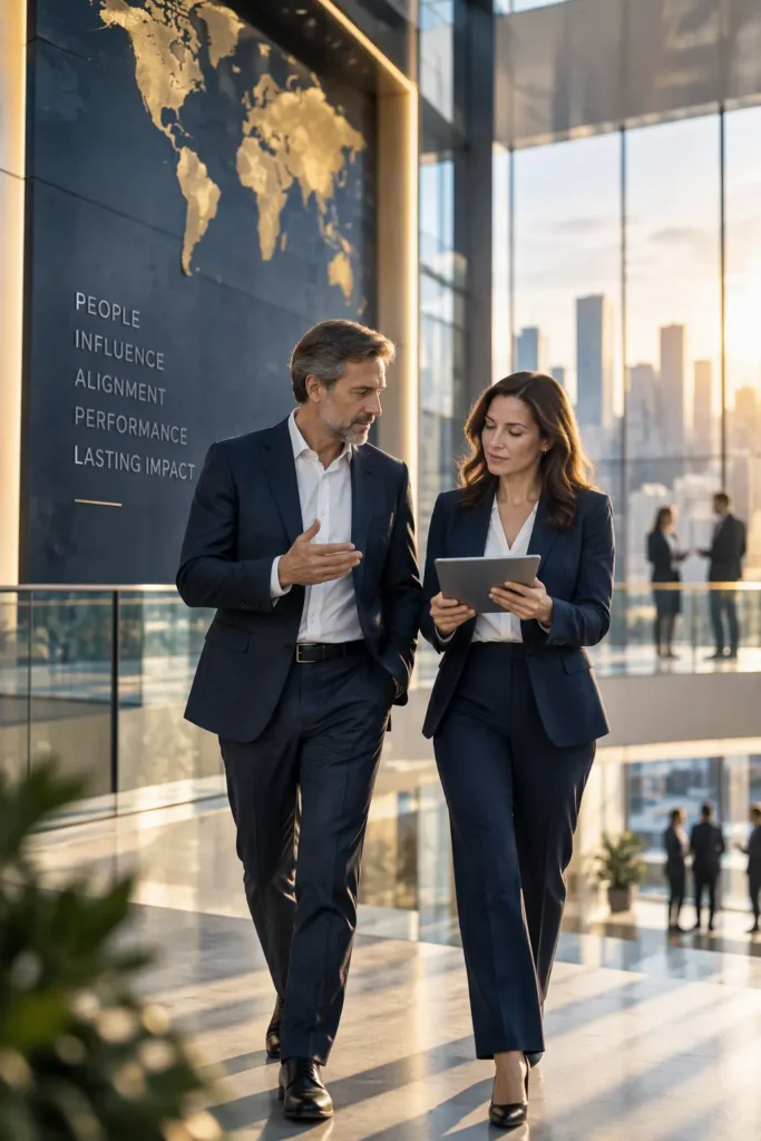 Why Organizations Choose APRENDA 1 Two business professionals walking through a modern corporate environment while discussing strategic priorities, symbolizing trusted partnership, leadership development, organizational alignment, and business performance.