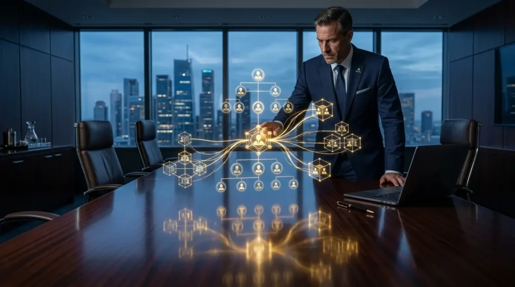 An executive in a tailored navy suit stands at a large boardroom table and points at a complex, glowing golden holographic organizational chart that features faces and structural nodes.