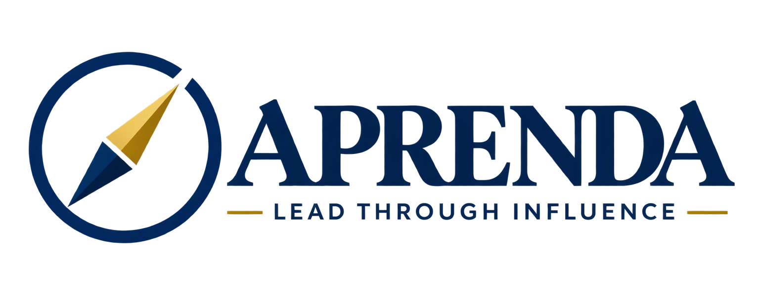 APRENDA logo featuring a refined blue compass with a gold directional needle and the tagline Lead Through Influence