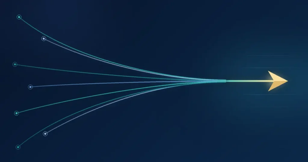 Multiple strategic paths converging into one forward direction, representing executive stakeholder alignment