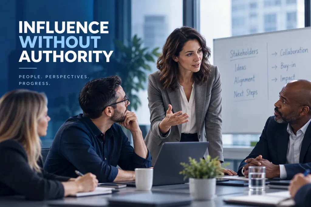Professionals collaborating to gain stakeholder buy-in and influence outcomes without formal authority.