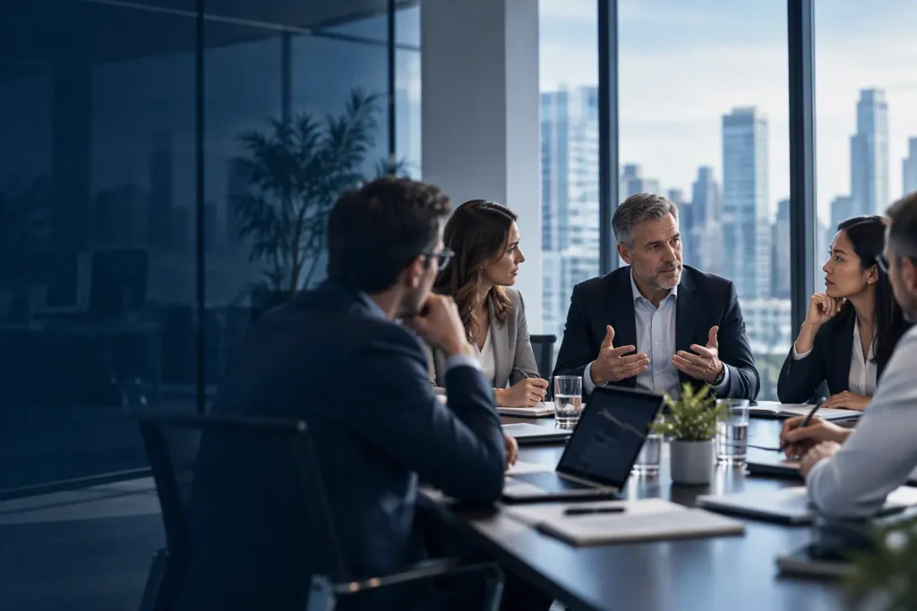 Professionals participating in a stakeholder alignment discussion about influencing without authority in a corporate environment.