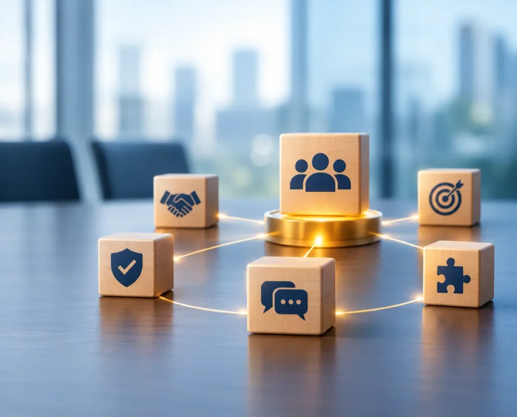 Wooden blocks representing stakeholder alignment, collaboration, communication, and influence skills in a connected organization.
